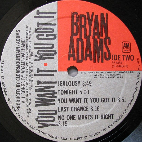 Bryan Adams – You Want It, You Got It (Used vinyl)