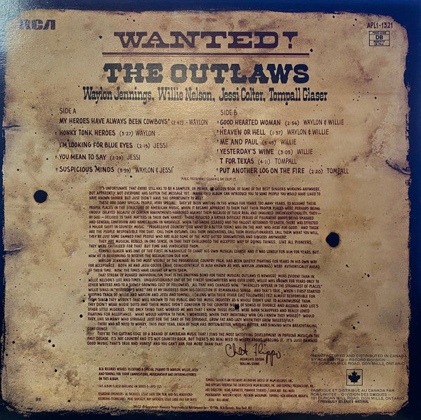 Waylon Jennings, Willie Nelson, Jessi Colter, Tompall Glaser – Wanted! The Outlaws (Used viny)