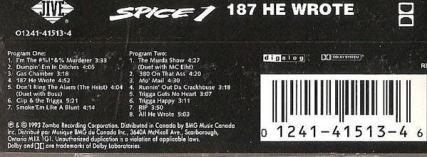 Spice 1 – 187 He Wrote (Used cassette)