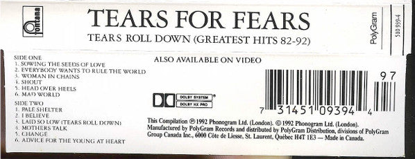 Tears For Fears – Tears Roll Down (Greatest Hits 82-92) (Used cassette)