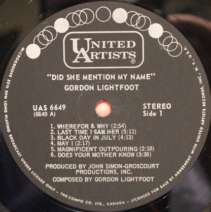 Gordon Lightfoot – Did She Mention My Name (Used vinyl)